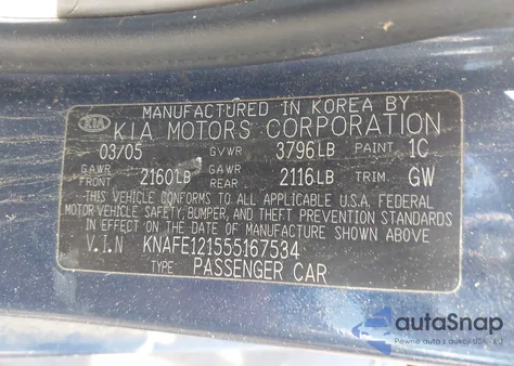 2005 Kia Spectra Ex/Lx/Sx from USA, damaged, VIN KNAFE121555167534